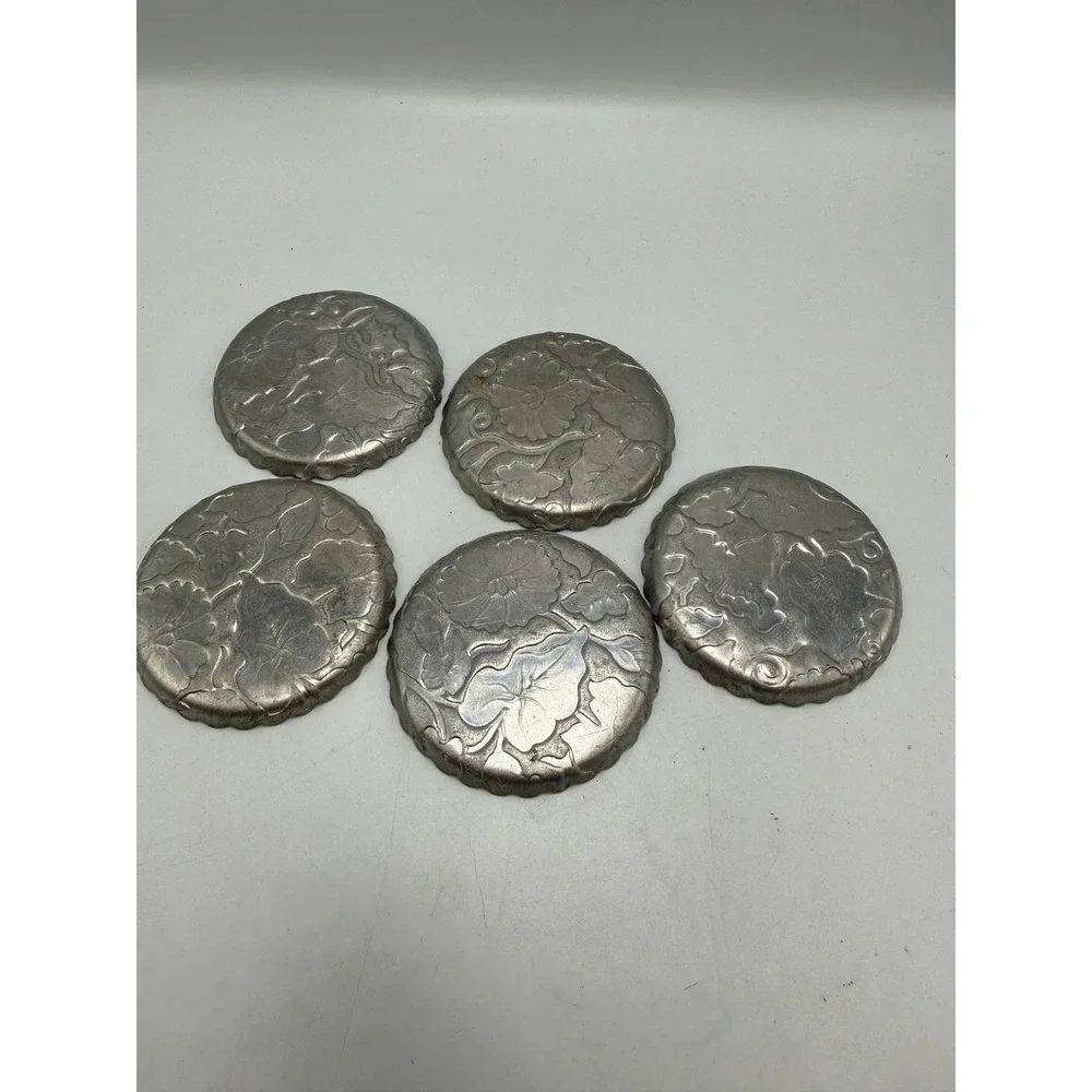 Vintage Embossed Floral Metal Coasters Scalloped Edge Set of 5 Silver Tone 3in